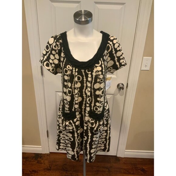 Aryeh Black & Cream Knit Dress w/ Front Pockets & Cable Knit Trim, Size XL - Picture 1 of 6